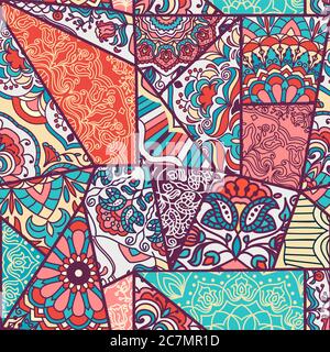 Seamless abstract colorful patchwork pattern with stripes and floral pattern. Vector illustration. Stock Vector
