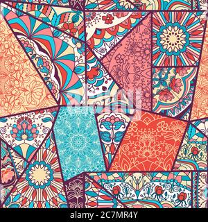 Seamless abstract colorful patchwork pattern with stripes and floral pattern. Vector illustration. Stock Vector