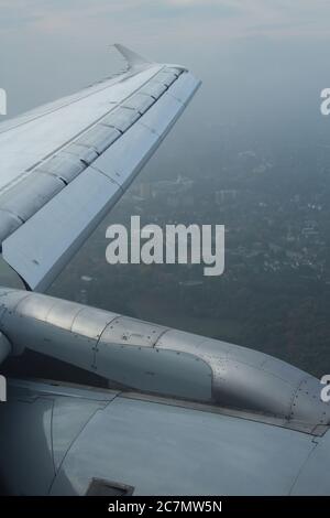 Left wing tip, winglet, aircraft, Airbus, A, A320, A321, clouds, over ...