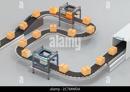 Transmitting of packaging box on the conveyor belt, 3d rendering