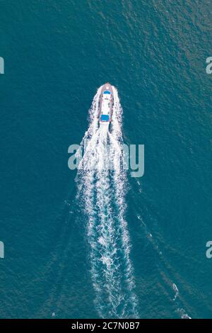 Aerial view of a white yacht crossing Bodrum Harbor, Turkey Stock Photo ...