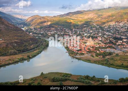 Aerial view of the ancient city of Mtskheta near the confluence of the Aragvi and Kura rivers. Georgia country Stock Photo