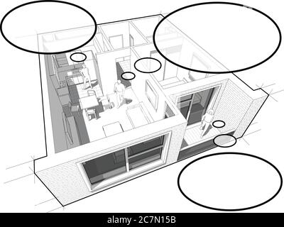 Perspective cut away diagram of a one bedroom apartment completely furnished with people with comic thought bubbles Stock Vector