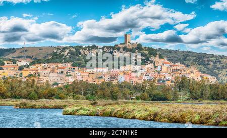 Posada- beautiful hill top village in Sardinia with Castello della Fava on the top. Location: Posada, Province of Nuoro, Sardinia, Italy, Europe Stock Photo