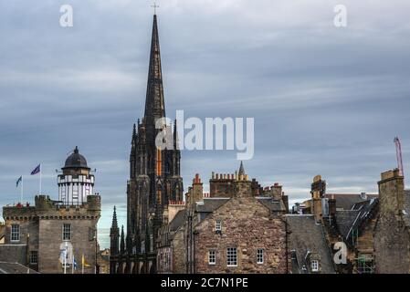 The Hub building also called Tolbooth Kirk, former St John Church seen from esplanade of Castle in Edinburgh, the capital of Scotland, part of UK Stock Photo