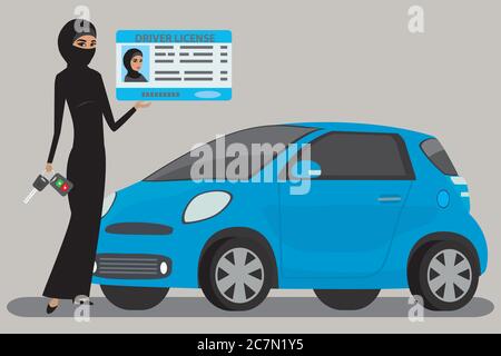 arabic woman with Driving license and car key,muslim female and modern blue car,flat vector illustration Stock Vector