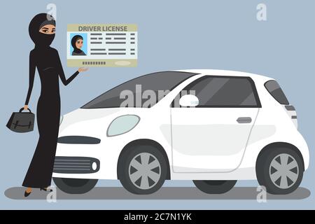 Arabic woman with Driving license and modern white car,flat vector illuatration Stock Vector