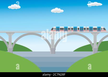 Modern railroad bridge and train,flat vector illustration Stock Vector