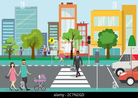City street with pedestrians and road with transport,different people go and stand,urban life concept,outdoor flat vector illustration Stock Vector