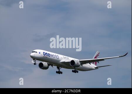 Qatar Airways Airbus A350-1000 aircraft A7-ANE in landing configuration on approach to land at Frankfurt airport in Germany Stock Photo