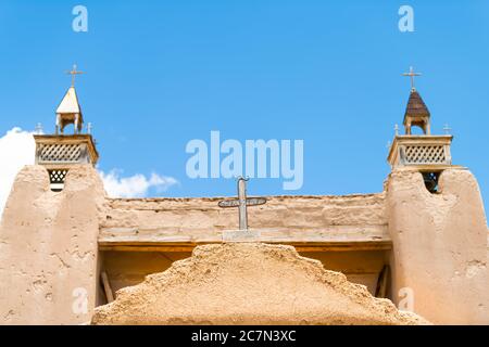 Las Trampas San Jose de Gracia church on High Road to Taos village with historic vintage building closeup adobe architecture in New Mexico Stock Photo