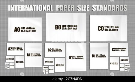 Full set of international ISO format standards of paper sheets series A, B, C. Mock up of realistic white paper pages in different sizes Stock Vector