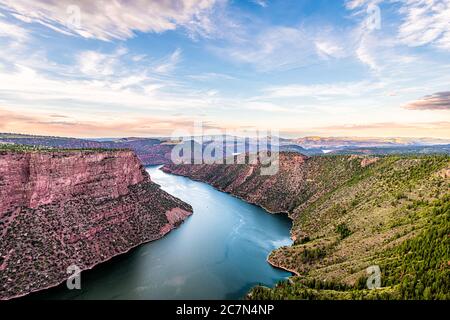 Aerial above view from Canyon Rim trail overlook near campground in Flaming Gorge Utah National Park with Green River at sunset Stock Photo