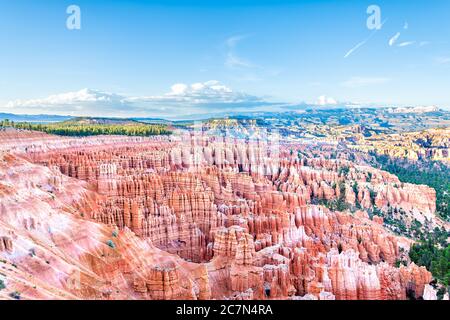 High angle aerial hdr view from overlook of orange hoodoos rock formations in Bryce Canyon National Park at sunset in amphitheater Stock Photo