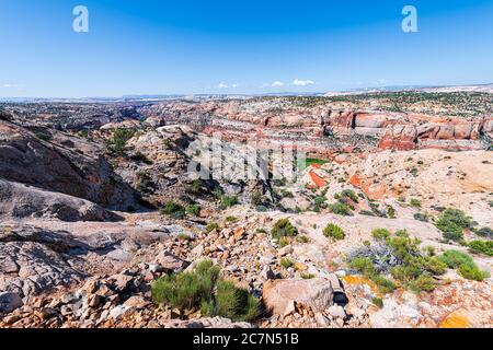 High angle aerial view of cliff butte mesa canyon formations horizon landscape on highway 12 scenic road byway in Grand Staircase Escalante National M Stock Photo