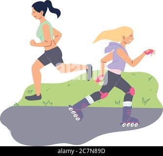 Women skating and running at park design, Stay healthy sport and activity theme Vector illustration Stock Vector