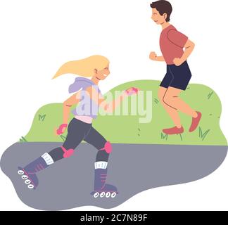 Woman skating and man running at park design, Stay healthy sport and activity theme Vector illustration Stock Vector