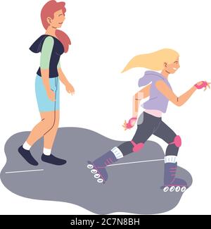 Women skating and running at street design, Stay healthy sport and activity theme Vector illustration Stock Vector