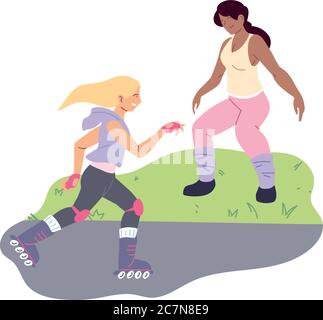 Women skating and doing exercise at park design, Stay healthy sport and activity theme Vector illustration Stock Vector