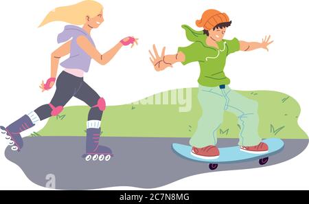 Woman skating and man on skateboard at park design, Stay healthy sport and activity theme Vector illustration Stock Vector