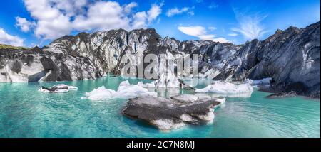 Fantastic view on Solheimajokull glacier in Katla Geopark on Icelandic Atlantic South Coast. Location: South glacial tongue of Myrdalsjokull ice cap, Stock Photo