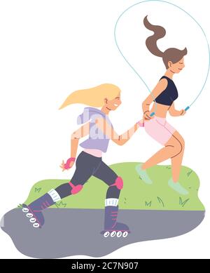 Women skating and jumping at park design, Stay healthy sport and activity theme Vector illustration Stock Vector