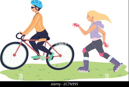 Woman skating and man on bike at park design, Stay healthy sport and activity theme Vector illustration Stock Vector