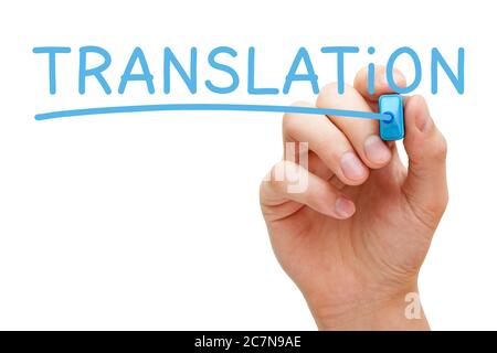 Hand writing the word Translation with blue marker on transparent wipe board isolated on white background. Stock Photo