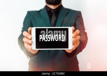 Text sign showing Password. Business photo showcasing the hidden word or expression to be used to gain access to something Model displaying black scre Stock Photo