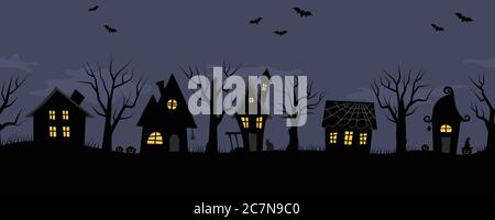 Halloween houses. Spooky village. Seamless border. Black silhouettes of houses and trees on a dark blue background. There are also bats and pumpkins Stock Vector