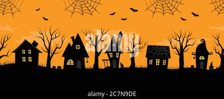 Halloween houses. Spooky village. Seamless border. Black silhouettes of houses and trees on an orange background. There are also bats, ghosts, pumpkin Stock Vector