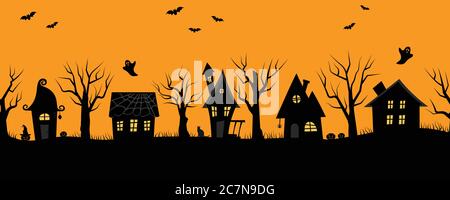 Halloween houses. Creepy village. Seamless border. Black silhouettes of houses and trees on an orange background. There are also bats, ghosts, pumpkin Stock Vector
