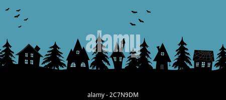 Halloween houses. Spooky village. Seamless border. Black silhouettes of houses and fir trees on a blue background. There are also bats in the picture Stock Vector