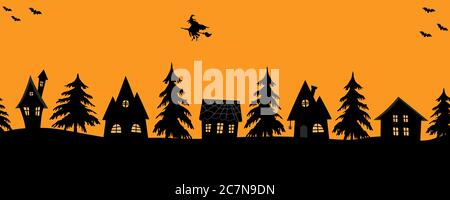 Halloween houses. Spooky village. Seamless border. Black silhouettes of houses and fir trees on an orange background Stock Vector
