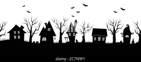 Halloween houses. Spooky village. Seamless border. Black silhouettes of houses and trees on a white background. There are also bats, pumpkins, cat Stock Vector
