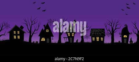 Halloween houses. Spooky village. Seamless border. Black silhouettes of houses and trees on a purple background. There are also bats, pumpkins here Stock Vector