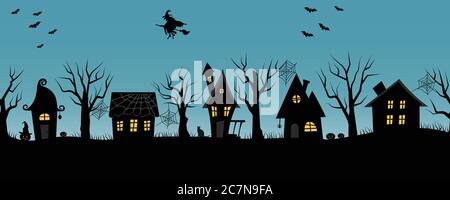 Halloween houses. Spooky village. Seamless border. Black silhouettes of houses and trees on a blue background. There are also bats, pumpkins here Stock Vector