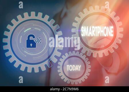 Writing note showing Smartphone. Business concept for a mobile phone that performs many of the computer s is features Graphics padlock for web data in Stock Photo