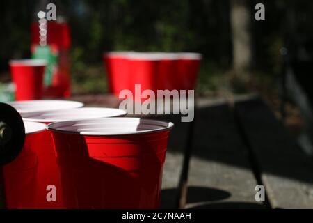 beer pong cups set up outside on picnic table Stock Photo