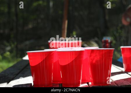 beer pong cups set up outside on picnic table Stock Photo