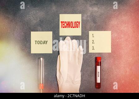 Word writing text Technology. Business photo showcasing use of scientific knowledge for practical purposes in industry Extracted blood sample vial wit Stock Photo