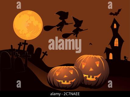 Halloween pumpkins and dark castle on blue Moon background, illustration. Stock Vector