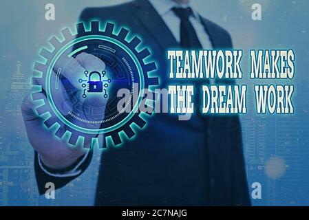 Writing note showing Teamwork Makes The Dream Work. Business concept for to work together toward a common vision Graphics padlock for web data informa Stock Photo