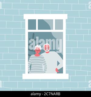 Couple of elderly people are standing at the open window. An old woman and an old man are looking out the window from their apartment Stock Vector