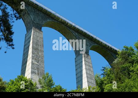 Sitterviaduct SOB, a railway bridge in front view from the valley and upward perspective. It belongs to St. Galler Bridge Hiking trail in Switzerland. Stock Photo