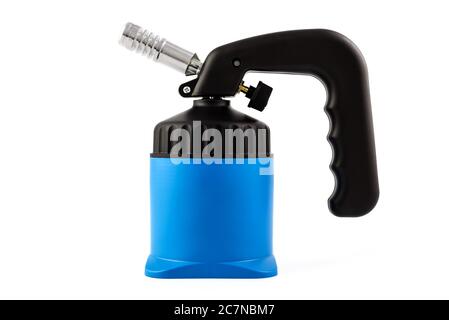Blue manual gas burner isolated on a white background. Stock Photo