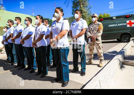 HERMOSILLO, MEXICO - JULY 17 :  Medical staff, during the opening ceremony of the intensive care operating unit to care for patients with covid-19 in the 4th Zone and Military hospital on July 17, 2020 in Hermosillo, Mexico. . (Photo by Luis Gutierrez/ Norte Photo) Stock Photo