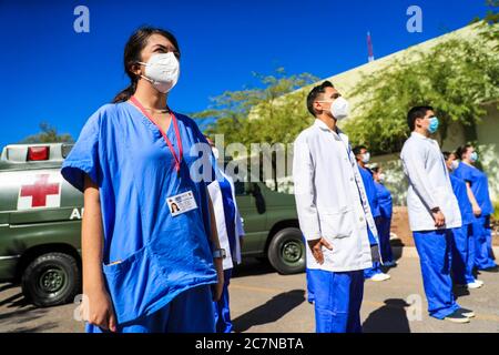 HERMOSILLO, MEXICO - JULY 17 : Medical and nursing personnel, during the opening ceremony of the intensive care operating unit to care for patients by covid-19 in the 4th Zone and Military hospital.on July 17, 2020 in Hermosillo, Mexico. Stock Photo