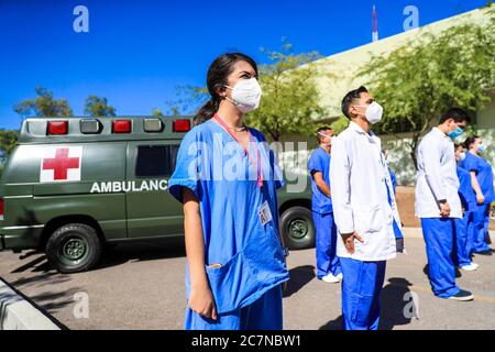 HERMOSILLO, MEXICO - JULY 17 : Medical and nursing personnel, during the opening ceremony of the intensive care operating unit to care for patients by covid-19 in the 4th Zone and Military hospital.on July 17, 2020 in Hermosillo, Mexico. Stock Photo