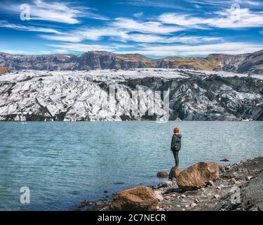 Fantastic view on Solheimajokull glacier in Katla Geopark on Icelandic Atlantic South Coast. Location: South glacial tongue of Myrdalsjokull ice cap, Stock Photo